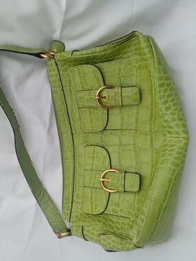 Green Croc-Embossed Shoulder Bag with Gold Buckle Detail